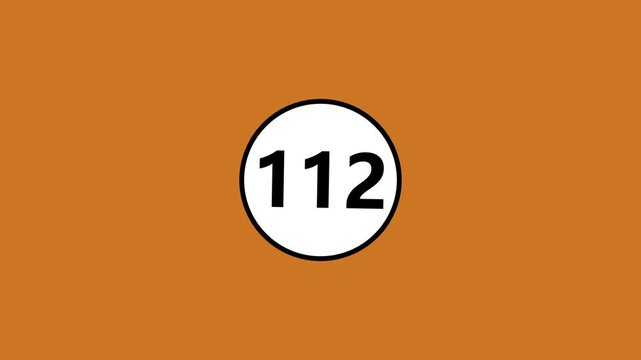 Graphic animation of emergency number one hundred twelve appearing inside white round icon.