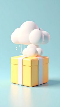3D render of a cute white cloud sitting on a yellow gift box.