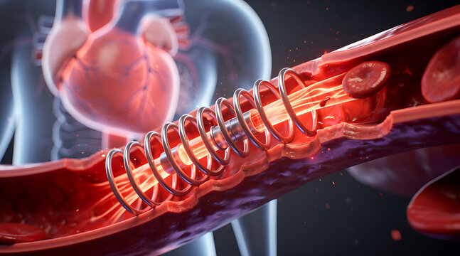 advanced medical illustration of a coronary artery stent placement in a human heart enhancing blood flow and addressing arterial