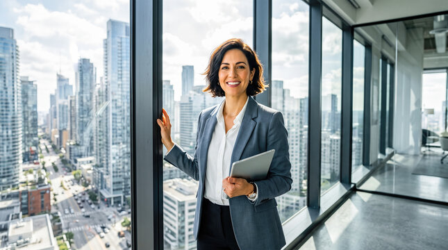Portrait of happy female corporate executive manager holding document folder standing inside bright modern open plan office alongside diverse business team