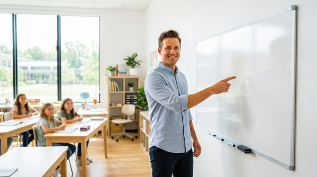 Smiling male teacher standing in front of blank whiteboard pointing towards board young students sitting at wooden desks bright sunny elementary classroom education