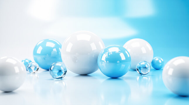 Glossy blue white spheres scattered across reflective surface clear glass marbles clean abstract background digital graphic design element modern geometric shapes three dimensional
