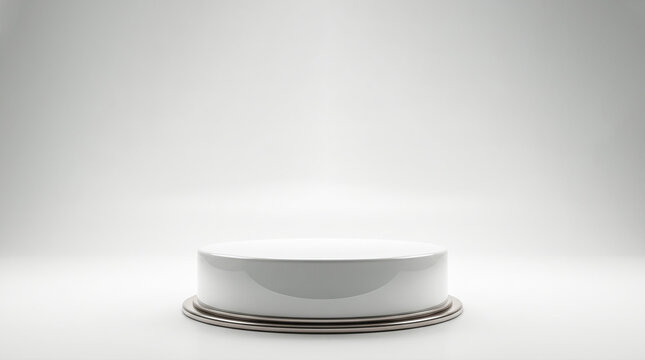 Empty glossy white cylindrical podium metallic base bright studio background minimalist lighting product placement display stand showcase presentation platform commercial design template