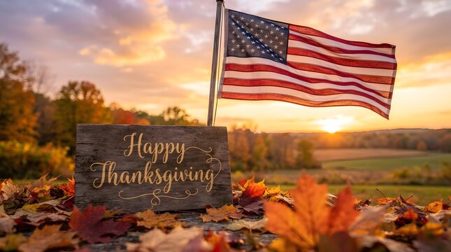 A beautiful scenic landscape featuring the american flag waving at sunset with a rustic wooden sign that displays the festive holiday message happy thanksgiving