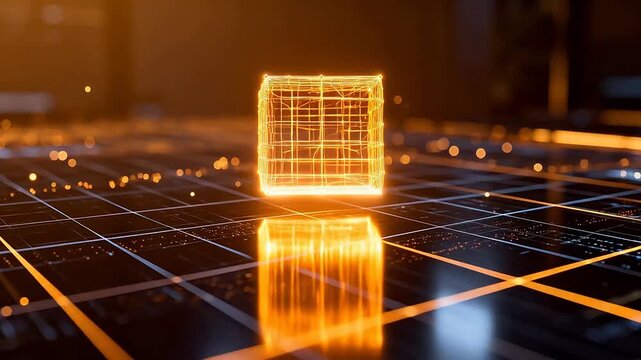 Glowing wireframe cube on reflective grid