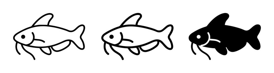 Fototapeta premium Catfish Icons, Simple Line Art and Solid Silhouette Vector Illustrations