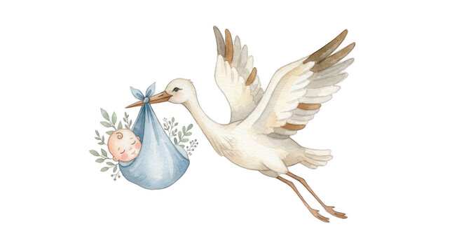 Stork delivering a baby in a watercolor illustration with greenery isolated on transparent background