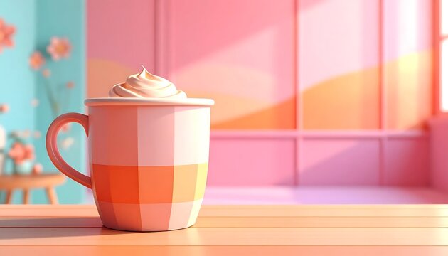 Aesthetic checkered coffee mug with whipped cream on a sunny table.
