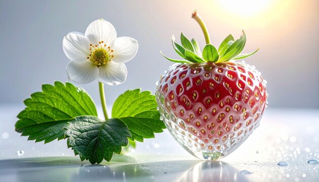 Crystal glass strawberry with white flower backlit