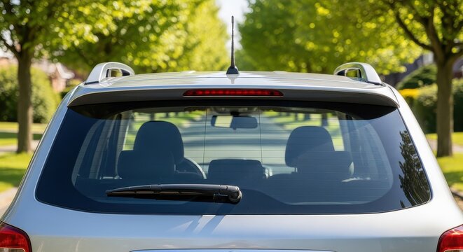 Rear View of a Silver SUV Parked on a Sunny Tree-Lined Suburban Street with Green Foliage Background