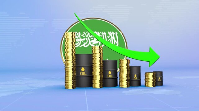 Saudi Arabia Oil Prices Decline with Oil Barrels, Gold Coins and Downward Green Arrow, 3D Economic and Financial Market Concept