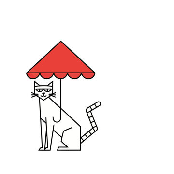 Stylized Cat Sitting Under a Red Umbrella