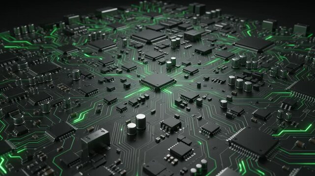 Glowing Green Circuit Board with Central Microchip - Futuristic Technology Background Animation