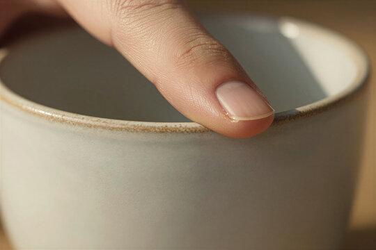 Captures Close Of Human Finger Gently Resting On Rim Ceramic Mug Filled With To Coffee Tea Given Dark Coloration Fingernail Short