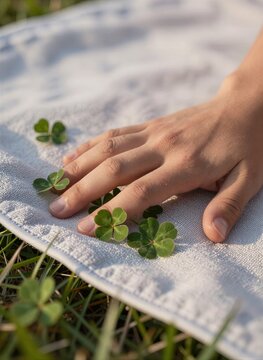 Captures Close Of Individuals Hand Resting On To White Towel With Textured Patterns Spread Grass Skin Tone Light Suggesting Person