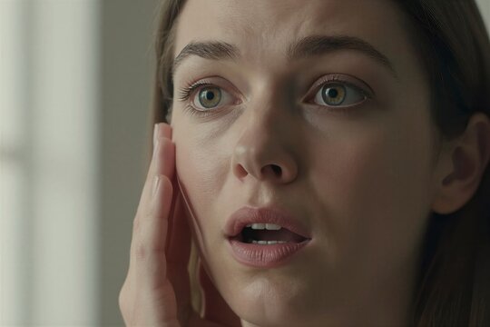 Close Of Individual With Striking Blue Eyes Gazing Directly Camera Lens Persons Skin Smooth Highlighted By Subtle Glitter Shimmer