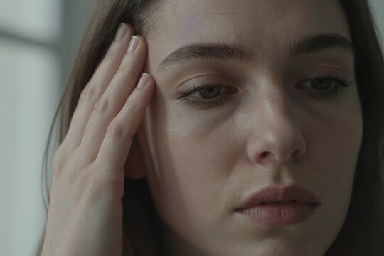 Close Portrait Of Individual With Fair Skin Touching Face Gently One Hand Person Long Straight Hair Falls Shoulders Wearing Makeup