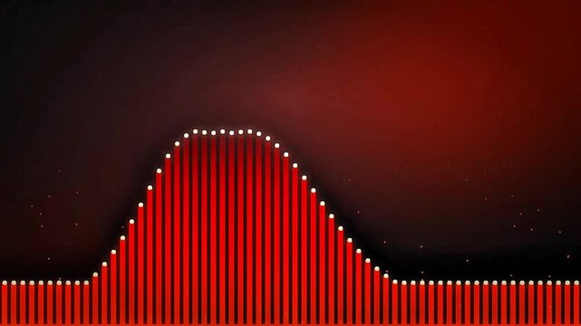 Abstract red digital bar graph equalizer with glowing points on a dark background for technology and audio design concepts