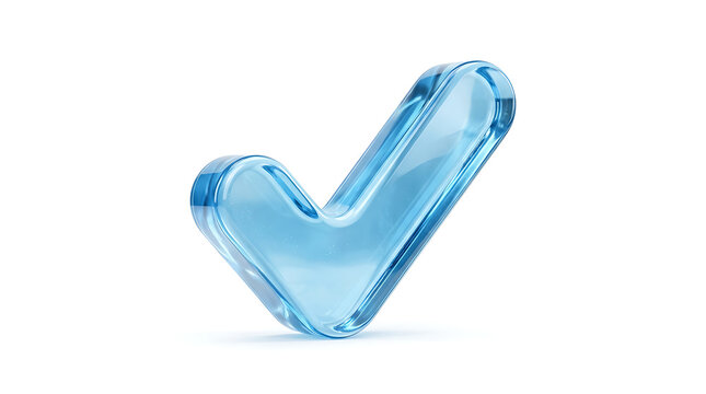 Transparent blue glass checkmark on white background