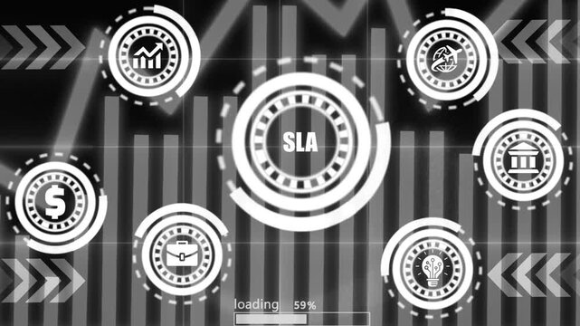 Business sla agreement dashboard with digital loading bar and monochrome data visualization.