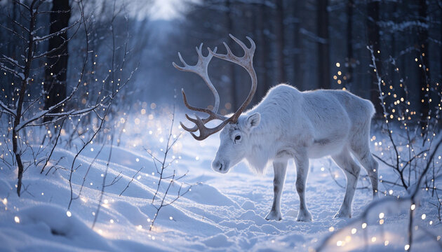 Majestic white reindeer grazing peacefully in enchanted winter forest glow with covered forest illuminated illuminated soft twinkling antlers wandering
