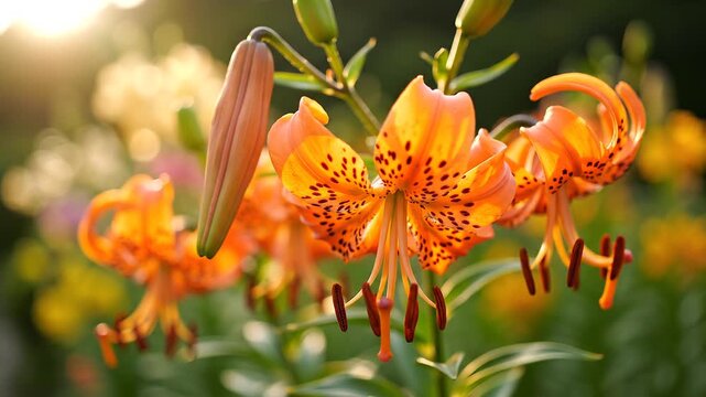 Vibrant orange tiger lilies blooming in golden sunlight