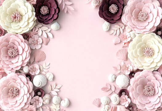 Beautiful pastel paper flowers and delicate seashells arranged in a symmetrical border design
