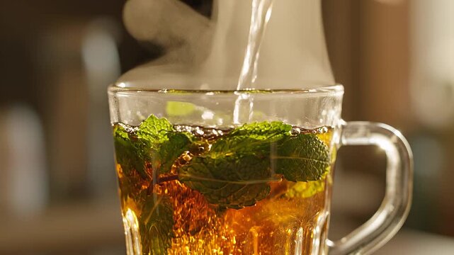 Pouring hot water into a glass mug with mint leaves
