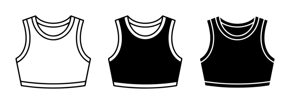 Three Black and White Crop Top Illustrations, Sports Bra Vector Icons, Athletic Apparel Graphics
