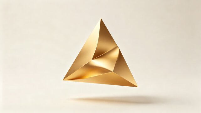 Levitating polished golden metallic tetrahedron geometry, abstract sharp faceted 3D pyramid shape isolated on off-white plain background
