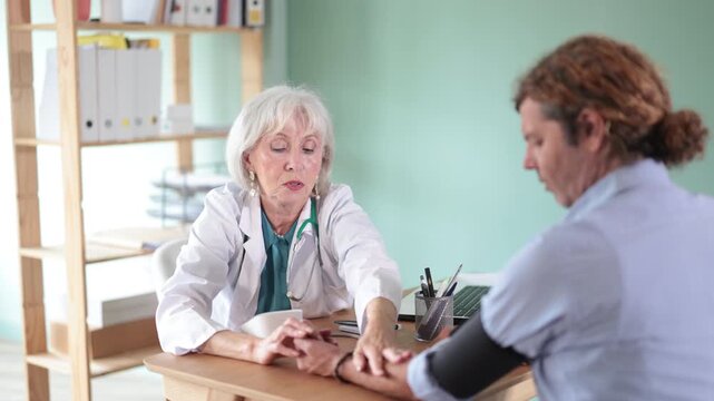  Elderly woman physician checking blood pressure of adult male patient while both sit at desk during routine checkup 