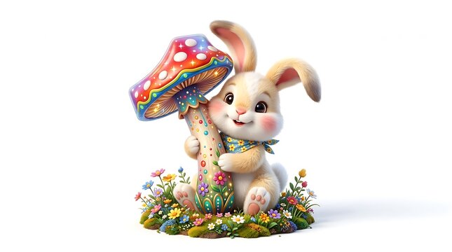 Cute Cartoon Rabbit with Colorful Mushroom in a Field of Flowers