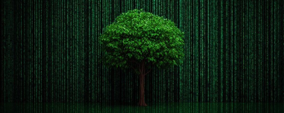 Green tree standing in front of digital binary code background representing intersection of nature sustainable technology innovation