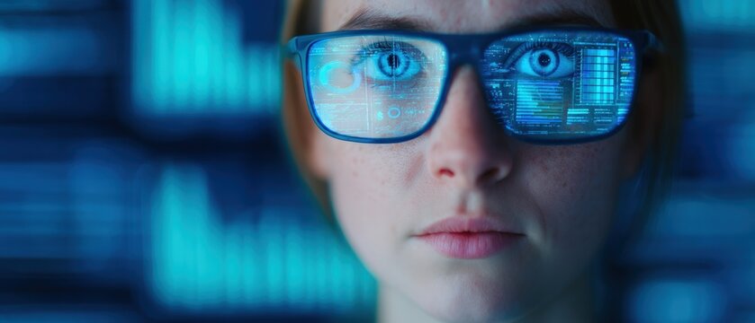 Young woman wearing smart glasses with digital data interface reflection on lenses representing augmented reality future technology concepts