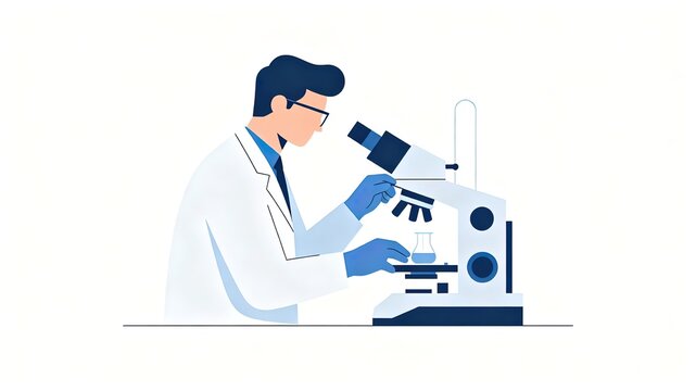 Scientist in lab coat working with microscope, flat vector illustration isolated on white background, medical research laboratory worker doing biological analysis
