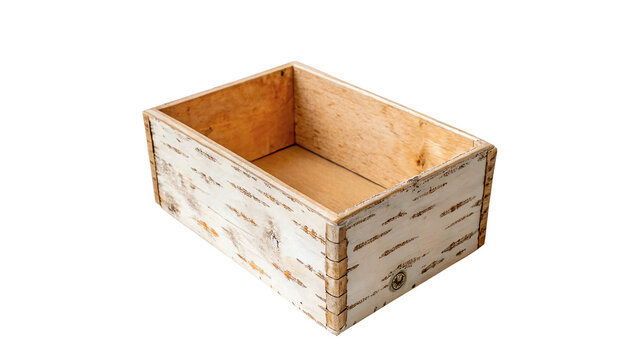 Empty vintage white washed wooden box isolated on transparent background cut out