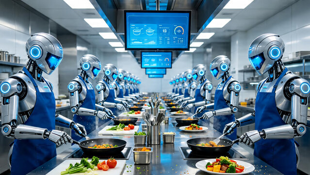 Robots working in a futuristic commercial kitchen assembly line cooking food