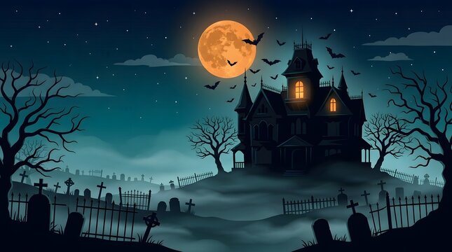 A spooky haunted mansion stands on a hill under a glowing full moon with flying bats and a graveyard for a creepy happy halloeen background