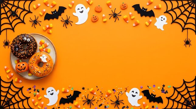 A festive background for a happy halloeen celebration featuring delicious decorated donuts with spooky ghosts bats and spider webs on a vibrant orange surface space