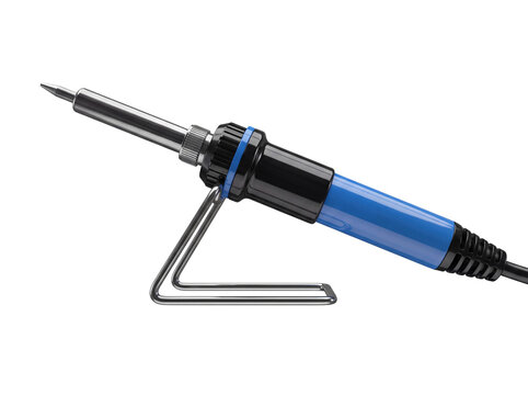 3D Blue soldering iron on a stand in use for electronics repair isolated on transparent background