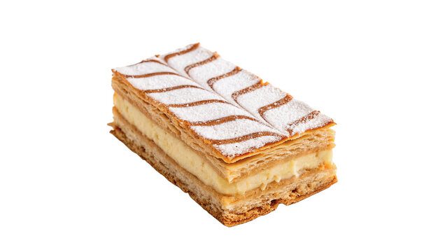 Slice of French Napoleon mille-feuille cake isolated on transparent background cut out