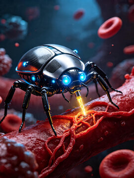 Futuristic medical nanobot beetle inside a human blood vessel repairing cells with a laser beam