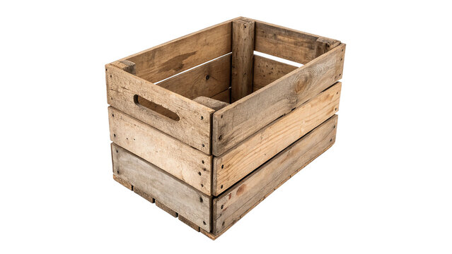 Empty rustic wooden crate box container isolated on transparent background cut out