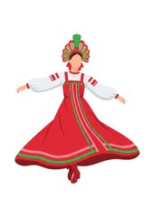 Fototapeta premium Russian Folk Dancer in Traditional Red Sarafan and Kokoshnik Headdress Vector Illustration Isolated on White