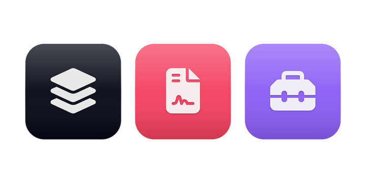 Three modern flat icons of settings, document, and car keys in a row isolated on transparent background