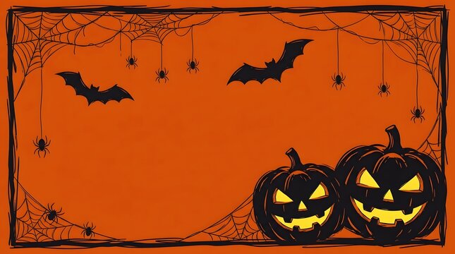 A festive orange background featuring spooky carved pumpkins bats and spider webs to celebrate a happy halloeen holiday season with space for your custom text