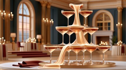 Obraz premium Christmas tree made from stacked champagne coupes filled with golden liquid in elegant ballroom