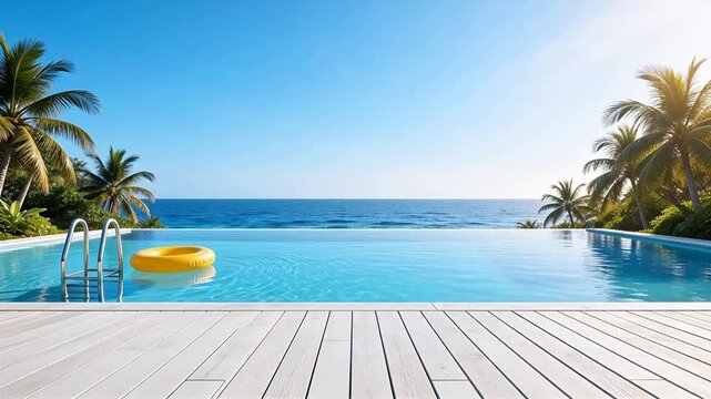 Infinity pool with ocean view and palm trees