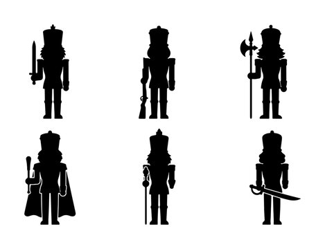 Six Silhouette Nutcracker Soldiers, Festive Christmas Icons, Military Figures, Vector Set