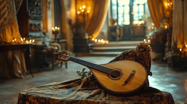 Ornate classical lute resting on a patterned fabric in a luxurious candlelit room with golden curtains